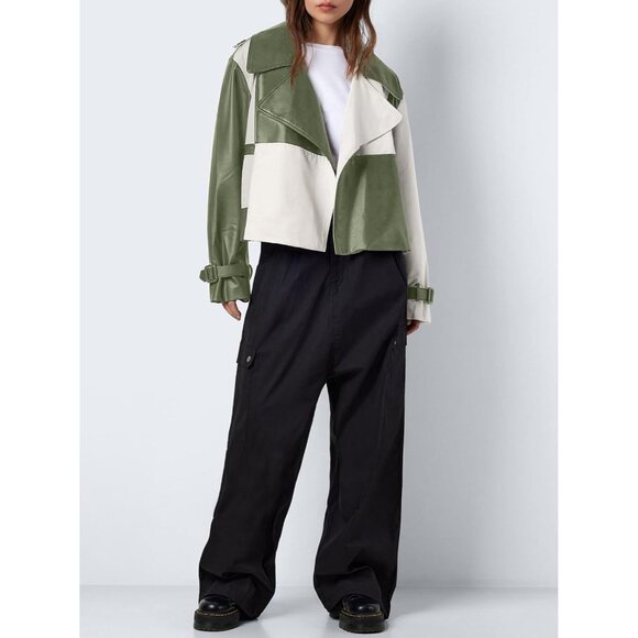 Womens Green Tankaneo Leather Cropped Jacket Oversized Color Block Motorcycle - Picture 4 of 6